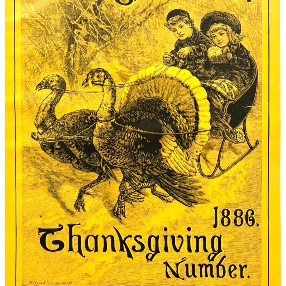 1886 Thanksgiving Wood Engraving Youths Companion Cover Page Turkey Sleigh DWYY8 - Picture 1 of 2